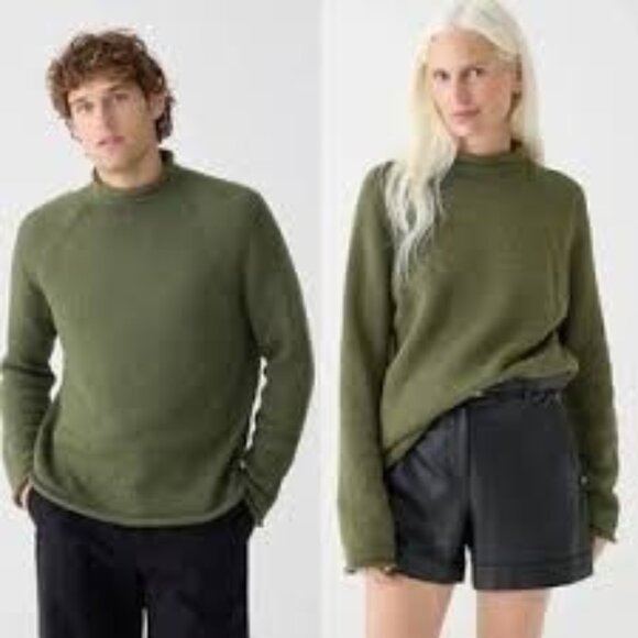 J. Crew Cotton Sweater Green Rollneck Mockneck Oversized Boxy 80's Fisherman L - Picture 1 of 7